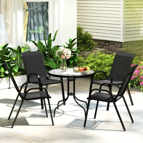 Outsunny 5 Pieces Garden Dining Set, 4 Seater Garden Furniture with High Back Stackable Chairs and Round Glass Top Table, Outdoor Bistro Set with Parasol Hole for Patio, Black