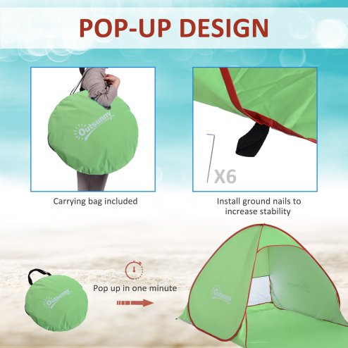 Outsunny Pop up Beach Tent, UV 30+ Sun Shelter with Carry Bag, 2x1.5m for 2-3 Person, Green
