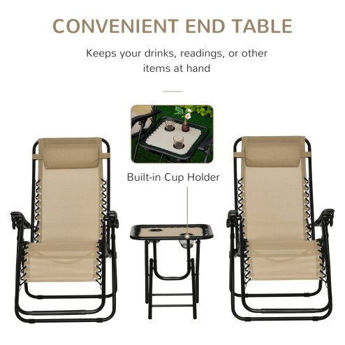Outsunny Folding Zero Gravity Chairs, 3 Pieces Adjustable Sun Lounger and Table Set with Cup Holder and Headrest, Patio Bistro Set with Reclining Garden Chairs for Outdoor, Beige