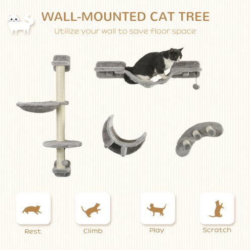 PawHut 4 Piece Cat Shelves, Cat Wall Furniture with Hammock, Scratching Posts, Soft Ladder, Steps, Jump Platforms, Cat Wall Shelves for Indoor Cats - Grey