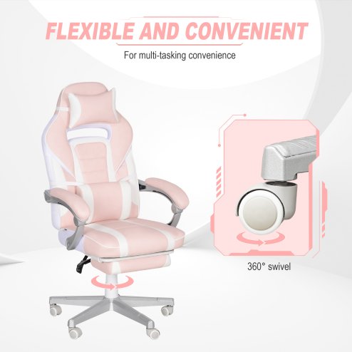 HOMCOM Gaming Chair with Footrest, PU Leather Computer Chair, Swivel Game Chair with 150 Reclining Back and Lumbar Support for Adults, Pink