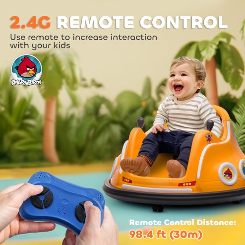 AIYAPLAY Angry Bird Licensed 12V Kids Bumper Car, 360 Rotation Waltzer Car with Joysticks, Remote Control, Music USB LED Lights, for 3-5 Years Old - Orange