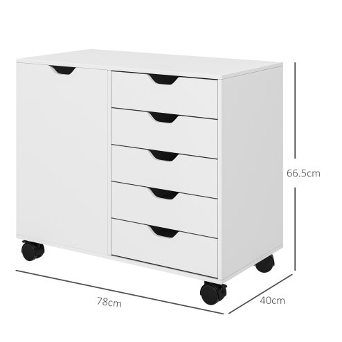 HOMCOM Lateral Office Storage Cabinet on Wheels, 5-Drawers Cabinet with Door and Adjustable Shelf for Home Office, White