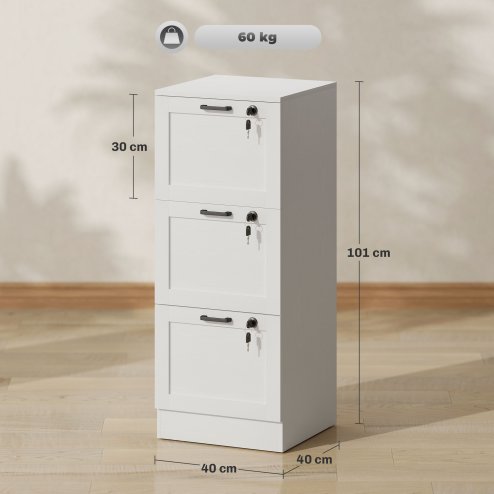 HOMCOM 3-Drawer Filing Cabinet, Lockable File Cabinet for A4, Letter, Office Storage Drawers with Lock for Home Office, 40 x 40 x 101 cm, White