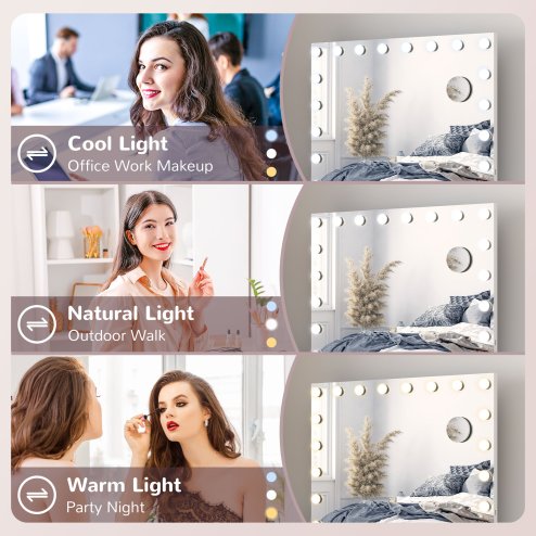HOMCOM Hollywood Vanity Mirror with Lights, Large 80x62 cm Lighted Makeup Mirror with 3 Colour, 18 LED Bulbs, 10X Magnifying, USB Charging Port, Touch Screen, Tabletop or Wall Mounted Design, White