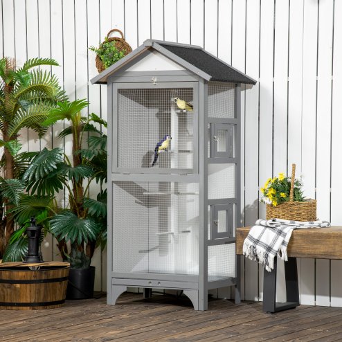 PawHut Wooden Bird Cage Budgie Cage Outdoor for Finch, Canary w/ Slide Tray, Asphalt Roof - Grey