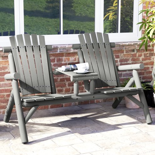 Outsunny Wood Patio Chair Bench 2 Seats with Centre Coffee Table, Garden Bench for Lounging and Relaxing Outdoors, Grey Image