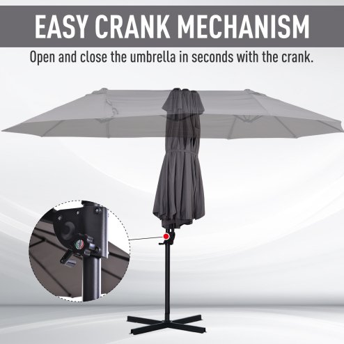 Outsunny 4.4m Large Garden Parasol, Double-Sided Cantilever Parasol with Base Included, Patio Umbrella Sun Shade with Steel Pole 12 Ribs Crank Handle Easy Lift Twin Canopy, Grey