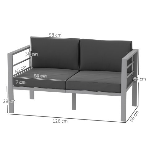 Outsunny 2 Seater Garden Sofa, All-Weather Garden Loveseat with Removable Cushions, Metal Frame Outdoor Furniture for Balcony, Charcoal Grey