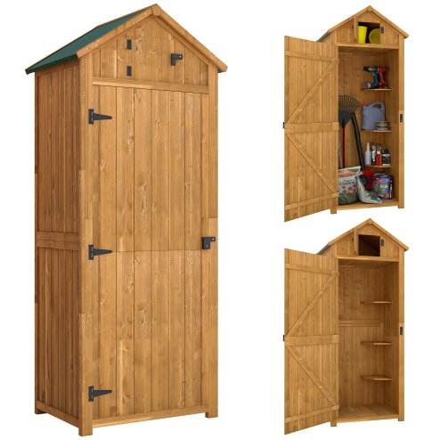 Outsunny Garden Shed Vertical Utility 3 Shelves Shed Wood Outdoor Garden Tool Storage Unit Storage Cabinet, 77 x 54.2 x 179cm - Brown