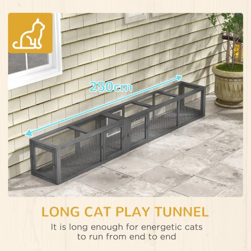PawHut Wooden Cat Tunnel, Cat Play Tunnel 250cm Extra Long, with Eight Doors, L-Shape/Rectangle, for Cat, Rabbit, Puppy, Dark Grey