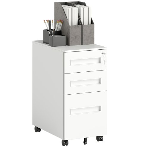 Vinsetto Metal Mobile File Cabinet with Wheels, Lockable 3 Drawer Filing Cabinet for A4, Legal, Letter, Compact Under Desk Storage Unit with Pre-Assembled Body for Home Office, 30 x 43.5 x 60cm, White