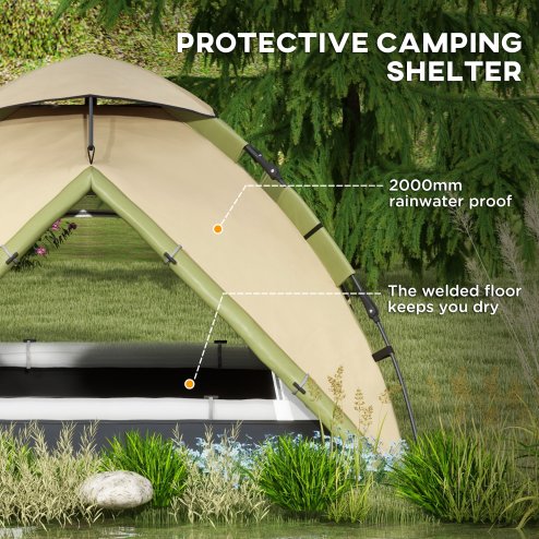Outsunny Camping Tent, 3-4 Man Family Dome Tent, 2000mm Waterproof, with Carry Bag and Top Hook, for Fishing Hiking Festival, Quick Setup, Dark Green