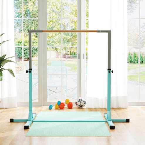 HOMCOM Height Adjustable Gymnastics Horizontal Bar For Kids Home Gym Training Children Junior Kip High Bar Fitness, Light Blue