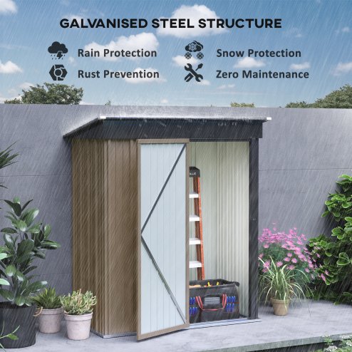 Outsunny 5x3ft Garden Shed, Steel Small Shed, Outdoor Lean-to Shed with Adjustable Shelf, Lock and Gloves for Patio, Garden, Brown with Foundation Kit