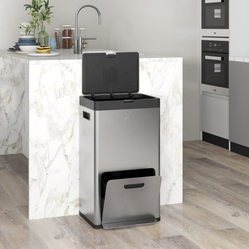 HOMCOM Kitchen Bin, 2 x 18L and 20L Volumes, Stainless Steel 3 Compartment Bin with Wheels, Soft Close Lid, Removable Inner Buckets, Fingerprint-Proof for Recycling and Waste, Silver Tone