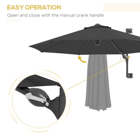 Outsunny 3 M Wall Mounted Garden Parasol Umbrella with Rotate, Outdoor Market Umbrella Sun Shade Canopy with 8 Ribs, Charcoal Grey