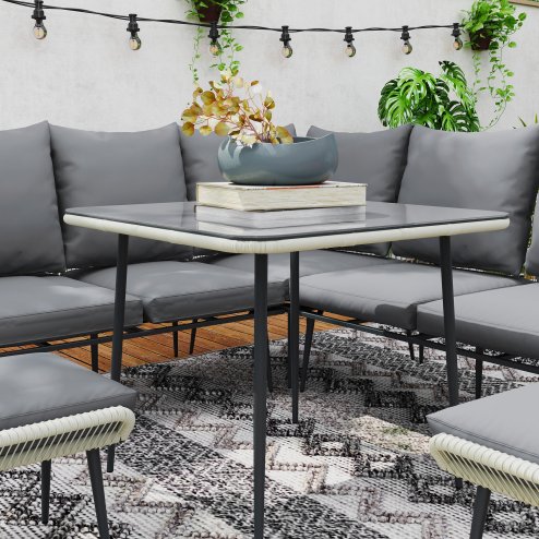 Outsunny 6 Pieces Rattan Garden Furniture Set, Garden Corner Sofa with Thickened Cushions, Outdoor Dining Set with Glass Top Dining Table, Loveseats and Footstools for Conservatory, Light Grey