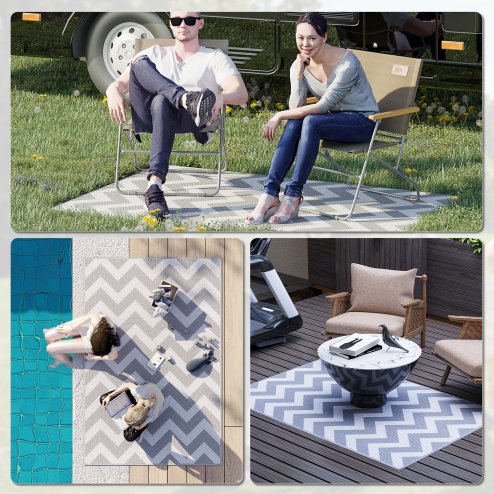 Outsunny 121 x 182 cm(4x6ft) Outdoor Rug Reversible Mat Plastic Straw Rug Portable RV Camping Mat for Garden Deck Picnic Indoor, Light Grey & White