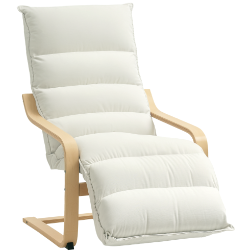 HOMCOM Birch Wood Lounge Chair, Upholstered Recliner Lounge Seat with Adjustable Footrest, Modern Armchair for Living Room, Bedroom, Balcony, Office, Cream White