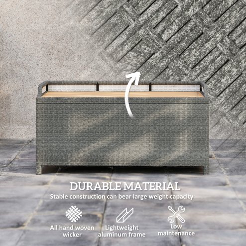 Outsunny PE Rattan Outdoor Storage Bench, Aluminium Garden Bench with Storage Underneath w/ Zipped Inner Lining, Rods for Deck, Grey