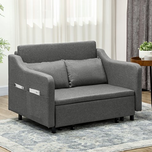 HOMCOM Pull Out Double Sofa Bed, Fabric 2 Seater Sofa Couch with Pillows and Side Pockets, Convertible Sleeper for Living Room, Grey Image