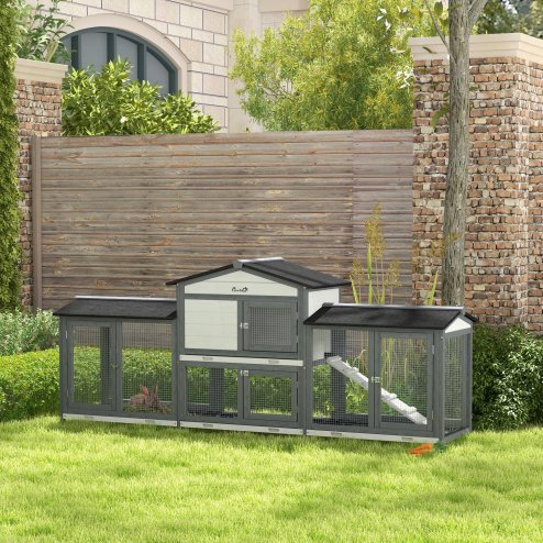 PawHut Large Rabbit Hutch Outdoor, 2-Tier Guinea Pig Hutch, Wooden Bunny Run, Small Animal House with Double Side Run Boxes, No-leak Plastic Tray, Ramp, 230 x 53 x 93.5cm, Light Grey