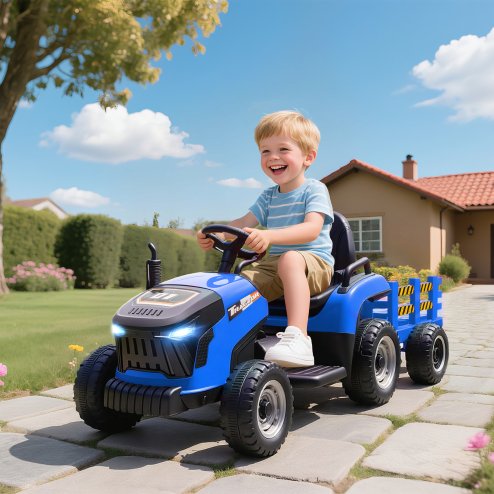 AIYAPLAY Ride on Tractor with Trailer, 12V Electric Vehicle with Remote Control, Ride on Car for Kids with Music, Shifter, Start-Up Sound for Ages 3-8 Years, Blue