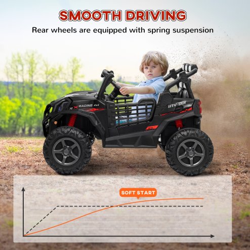 AIYAPLAY Kids Electric Ride on Car 2-Seater, 24V Truck UTV with Remote Control, Suspension System, LED Lights, Horn, Music, for 3-8 Years, Black
