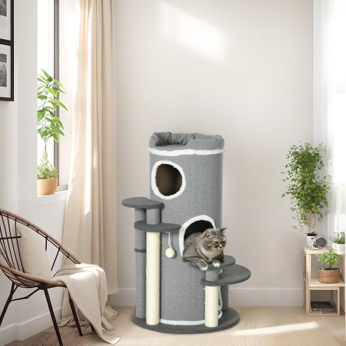 PawHut Cat Tree for Indoor Cats, 3 Tier Cat Tower Barrel Shaped with Sisal Scratching Posts, Cat Bed, Platforms, Hanging Ball, Grey