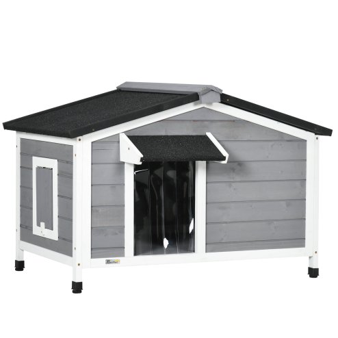 PawHut Wooden Dog Kennel Outdoor, Elevated Dog House for Outside, with Openable Top, Asphalt Roof, Windows, Curtain, Removable Tray, Adjustable Legs, 65H x 97L x 72Wcm, Grey