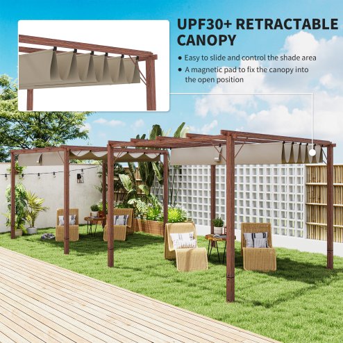Outsunny 3 x 3(m) Garden Pergola with Retractable Roof Canopy and Wood Grain Aluminium Frame, Outdoor Gazebo Pergola Kit, UPF30+ Sun Shade Shelter for Deck, Porch, Natural Wood Finish