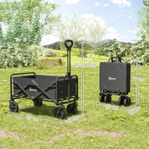 Outsunny 90L Festival Trolley on Wheels, Folding Camping Trolley Cart with Adjustable Handle, Portable for Outdoor, Garden, Shopping, Fishing, Black