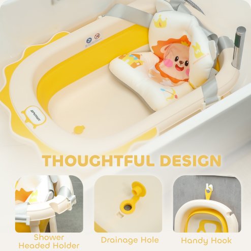 AIYAPLAY Portable Baby Bathtub Set, Foldable Baby Bath Tub with Support Cushion Pad, Wash Basin, Non-Slip Stand and Bottom, for Infants, Yellow
