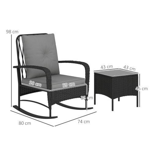 Outsunny 3 Pieces Rattan Bistro Set, Wicker Garden Furniture Set with Cushions, Glass Top Coffee Table and Rocking Chairs, Small Balcony Furniture for Outdoor, Porch, Black