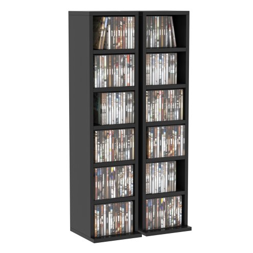 HOMCOM 204 CD Media Display Shelf Unit Set of 2 Blu-Ray Tower Rack w/ Adjustable Shelves Bookcase Storage Organiser, Black