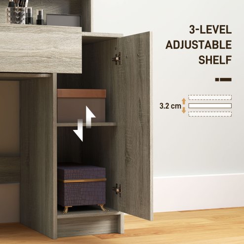 HOMCOM Dressing Table with Mirror and Stool, Vanity Table, Modern Makeup Desk with Drawer, Storage Cabinet and Adjustable Shelf for Bedroom, Natural Wood Finish