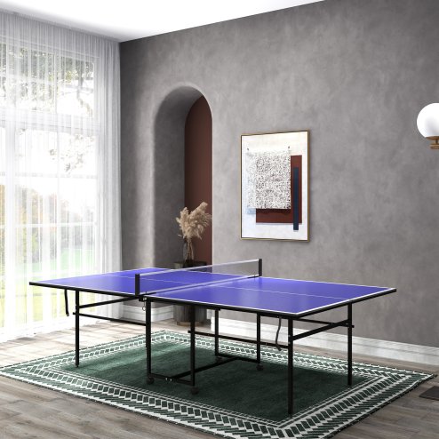 SPORTNOW 9FT Folding Table Tennis Table, Portable Full-Size Ping Pong Table with 4 Wheels, 2 Bats, 3 Balls, Quick Set-Up Indoor Game Table, Blue