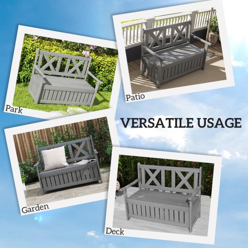 Outsunny Wood Garden Bench 2 Seater Storage Chest Patio Seating Chair with High Back and Armrest, Charcoal Grey