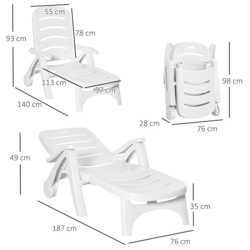 Outsunny Folding Sun Lounger with Wheels, 5-Position Adjustable Outdoor Deck Chair Furniture, Garden Beach Patio Pool Lounger Recliner Seat, White