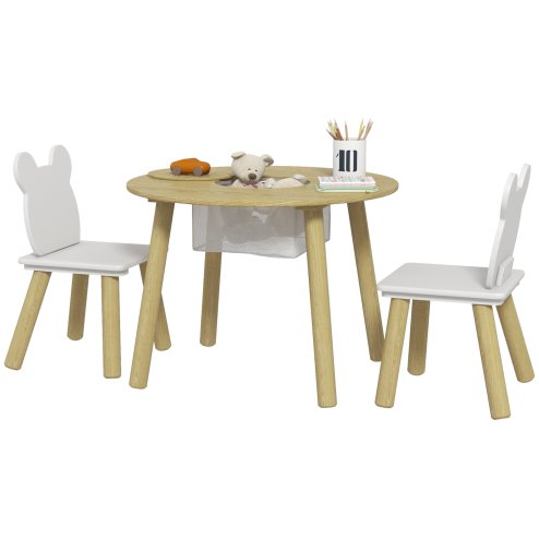 AIYAPLAY 3 Pieces Toddler Table and Chair Set with Centre Mesh Bag, Kids Activity Table Set with Bear Shaped Backrest, for Arts, Crafts Reading Dining, Aged 3-6 Years