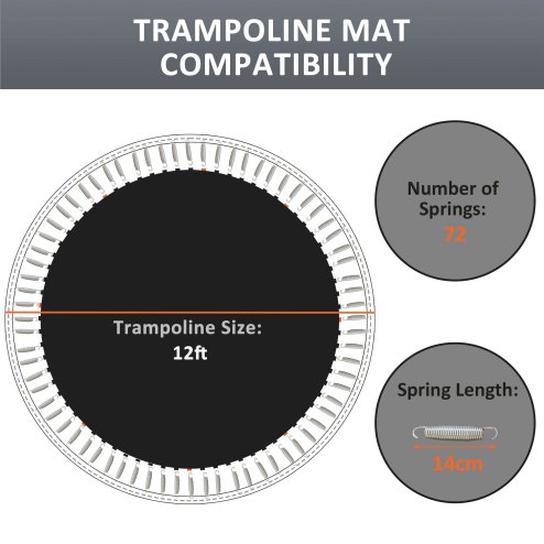 SPORTNOW Trampoline Replacement Mat with Eight Rows of Stitching, Spring Pull Tool, 72 V-Hooks, for 12ft Trampoline, Using 14cm Springs, Trampoline Jumping Mat, Black