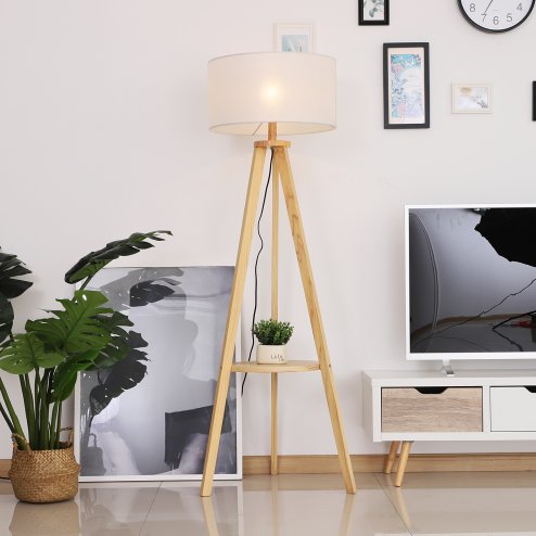 HOMCOM Tripod Floor Lamp, Freestanding Bedside Light Reading Light with Storage Shelf and Linen Shade for Living Room Bedroom, 154cm, Cream Image