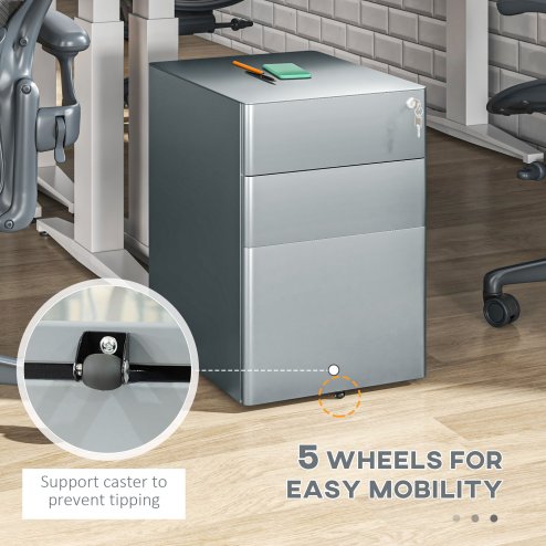 Vinsetto 3-Drawer Mobile Filing Cabinet, Steel Lockable File Cabinet for A4, Legal, Letter, Compact Under Desk Storage Unit with Pre-Assembled Body Except Wheels for Home Office, 39 x 48 x 59cm, Grey