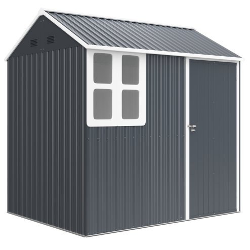 Outsunny 7 x 6 ft Garden Shed, Metal Shed with Single Door, Window and Air Vents, Galvanised Outdoor Lockable Tool Storage House, Dark Grey