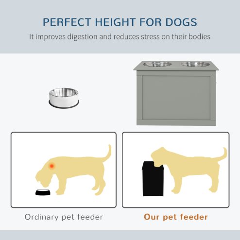 PawHut Raised Dog Bowls, Pet Feeding Storage Station with Two Stainless Steel Bowls, Base, for Large Dogs, Grey
