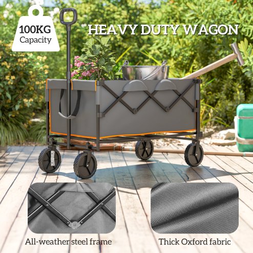 Outsunny 160L Festival Trolley on Wheels, Folding Camping Trolley Cart w/ Tailgate, 100kg Heavy Duty Garden Collapsible Folding Wagon w/Adjustable Handle, Carry Bag for Beach Picnic, Grey and Orange