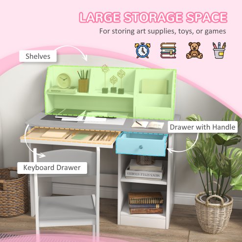 ZONEKIZ Kids Desk and Chair Set with Storage, for Ages 5-8 Years, 2 Piece Children Table and Chair Set with Keyboard Drawer, Grey