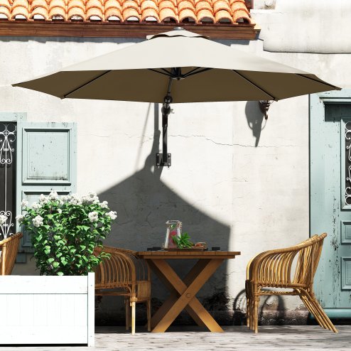 Outsunny 3 M Wall Mounted Garden Parasol Umbrella with Rotate, Outdoor Market Umbrella Sun Shade Canopy with 8 Ribs, Khaki