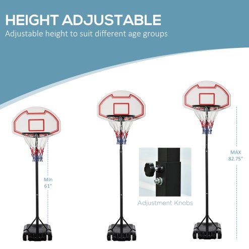 HOMCOM Basketball Hoop Outdoor, Portable Basketball Hoop and Stand with Weighted Base, Portable on Wheels, 1.55-2.1m, for Teens, Juniors, Adults, White
